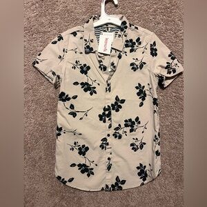 Cactus Beige Short-Sleeve Button-Up Shirt with Black Floral Print